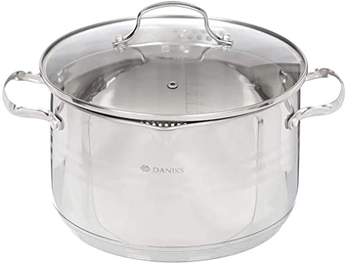 Daniks Tokio Faitout Inox 18 cm 2.9 Litres | Marmite avec Couvercle en Verre | Bec Verseur, Egouttage Facile | Tous Feux Dont Induction | Échelle de mesure | Argent