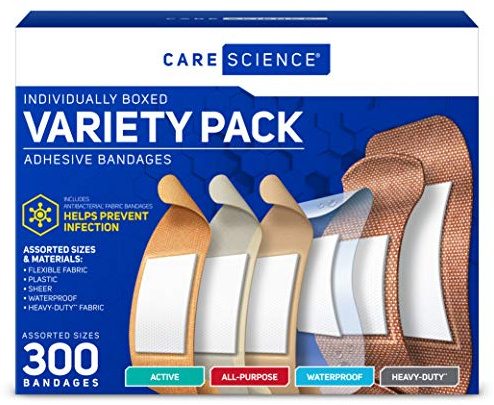 Care Science Variety Bandages Pack, 300 ct Bulk Assorted Sizes | Includes Active, All-Purpose, Waterproof, Heavy-Duty | Breathable Protection for First Aid