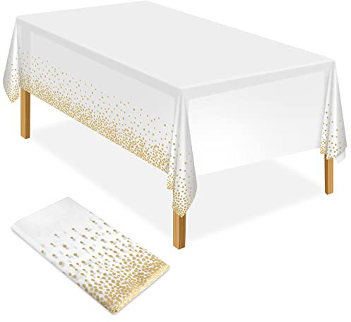 ELECLAND 54 x 108 Inch White Gold Polka Dot Rectangular Plastic Tablecloth for Picnic, Baby Shower, Halloween, Christmas, Birthday Decorations