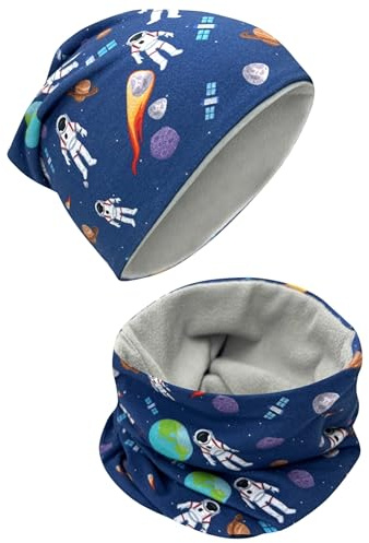 HECKBO Set Gorro de Invierno & Bufanda para Niños – Astronauta – 2-8 Años – 95% Algodón con Forro Polar – Otoño Primavera Invierno (48–54 cm)