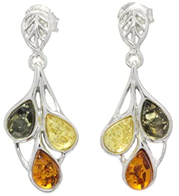 LIGURIUS Pendientes de Plata de Ley 925 de ámbar báltico, joyería de ámbar de Piedras Preciosas Multicolores Naturales para Mujer, Pendientes Colgantes