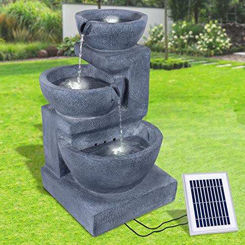 Fuente de Jardin Fuente de Agua en Cascada Cuencos con 3 Niveles Fuente Decorativa con Iluminacion Solar para Jardin, Balcon, terraza baterias de Litio y luz LED