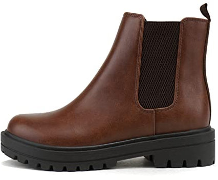 Soda Pilot ~ Women Lug Sole Low Heel Chelsea Fashion Ankle Bootie w/Double Elastic Gore (Cognac/Brown, 11)