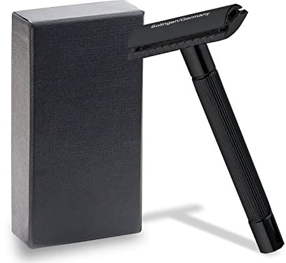 Rasierhobel aus Solingen Nassrasierer für Herren Rasierer Made in Germany mit geschlossenem Kamm für klassische Rasierklingen Sicherheitsrasierer für eine perfekte Bartpflege (Edelstahl Griff Schwarz)
