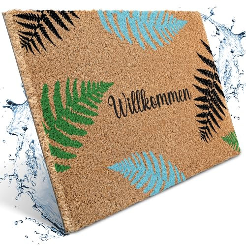 Bodenständig® Fußmatte Kokos [Wetterfest] - extrem robust - Fußabtreter außen - die Kokosmatte Fußmatte außen wetterfest. Fussmatte aussen 40x60 cm - Blume Design und willkommen Schriftzug