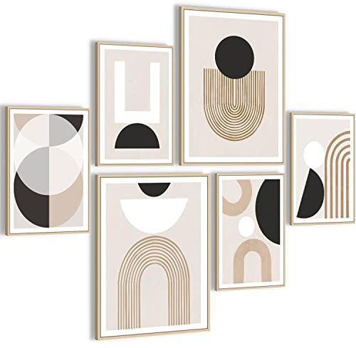 HONEYBABY Abstrakt väggkonst för vardagsrum boho minimalistisk botanisk inramad duk väggkonst bilder för sovrumsväggar mitten av århundradet geometriska väggkonsttryck för hemmakontor badrum set med 6