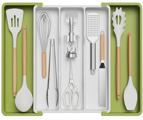 Lifewit Besteckkasten für Schubladen, Großer Utensilienständer Erweiterbar auf 57 cm, Küchenutensilienhalter Tiefe 38 cm, Kunststoff Besteckhalter Küche Organizer für Messer/Gabel, Grün und Weiß