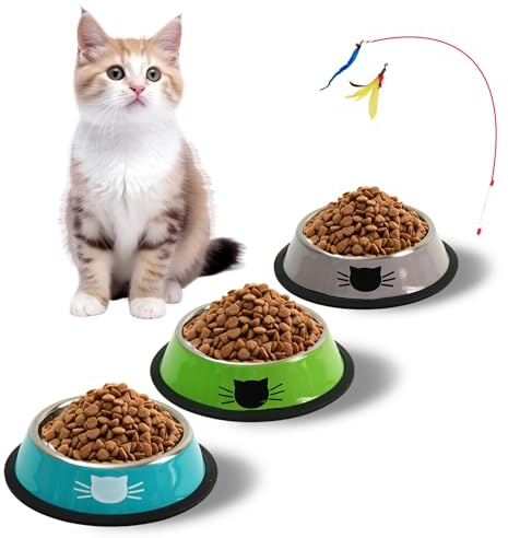 Katzennapf 3er Set + Katzenspielzeug, Futternapf Katze, Edelstahl-katzennäpfe,Katzenschüssel, Fressnapf Katze, Wasser Fütterung Schüssel, für Katzen und kleine Hundetiere (Blau + Grün + Silber)