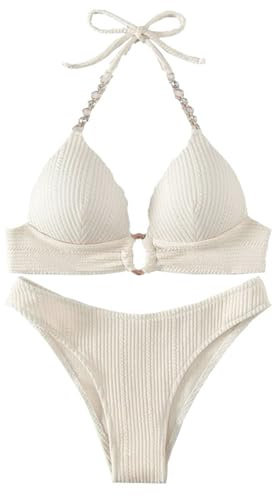 letcdfer Damen Bikini Set，Push Up Bikini Damen Set，Neckholder Triangel Bikini Tanga Sexy Badeanzug Zweiteiliger Badeanzug Bikini Mit Ring Bademode Swimsuit (82% Polyester + 18% Elastan, Stil 1)