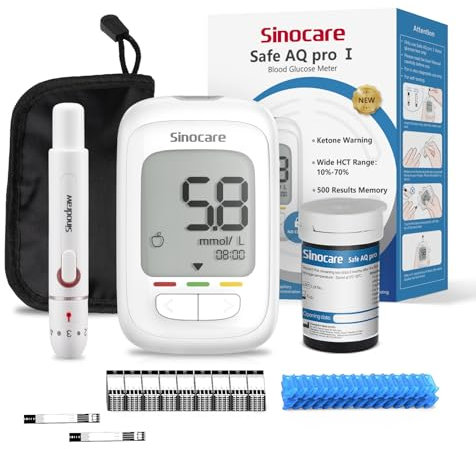 sinocare Safe AQ Pro I Blood Sugar Testing Kit, 25 Test Strips, Blood Ketone Warning, 500 Memory, for Diabetes Mangement, Results in mmol/L