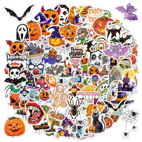 100 Pcs Halloween Stickers，Holographic Shiny Waterproof Halloween Party Stickers Pack Funny Pumpkin Ghost Stickers Suitable for Party Decoration Bags Scrapbooking(Halloween A)