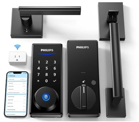 Philips Wi-Fi Smart Lock with Handle, Keyless Entry Keypad Door Lock with Handle, Front Door Deadbolt Set with WiFi Gateway, App Control, Fingerprint Unlock, PIN Code Unlock, Auto Locking