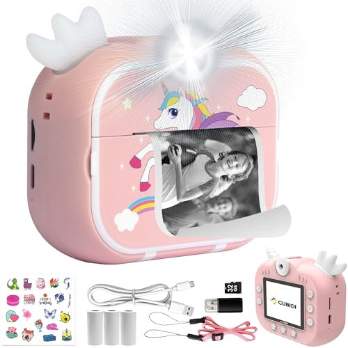 CUBIDI® Appareil Photo Enfants - Appareil Photo Instantané Enfant avec Papier d'impression et Carte Mémoire de 32 Go. Idée Cadeau Fille 3 Ans et Plus. Instant Kids Camera - Licorne Rose.