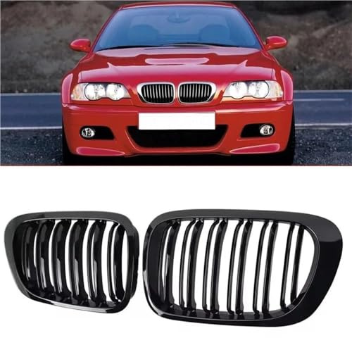 YIUBCZOQI E46 Kühlergrill Passend für BMW 3er E46 M3 4D Nieren Schwarz Coupe Cabrio Grill Glanz Schwarz Doppelsteg Sport 1999 2000 2001 | Frontgrill Sport,Schwarz Glanz Nieren,Doppelsteg Grill,ABS,Nicht für Coupé,Cabrio,Compact & M3