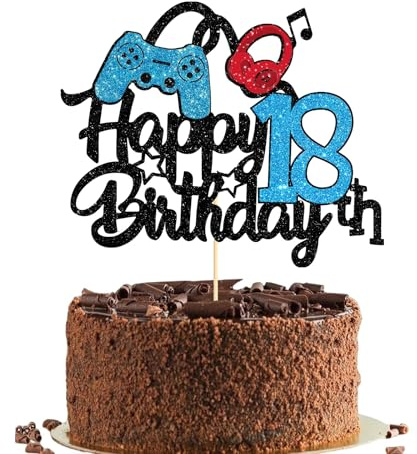 Happy 18th Birthday Cake Topper for Boys, Glittery Video Game Cake Topper Game On Cheers to 18 Years Cake Decoration, Perfect Cake Toppers for Themed Eighteen Years Old Birthday Party Supplies (18)