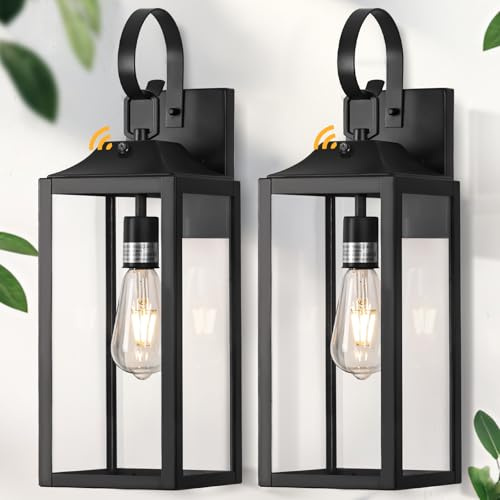 19 Large Dusk to Dawn Outdoor Lighting 2 Pack, Black Sensor Porch Lights Exterior Lighting Fixtures, Modern Wall Lantern Outdoor Wall Lights Waterproof Wall Sconce Lamp for House, Doorway, Garage
