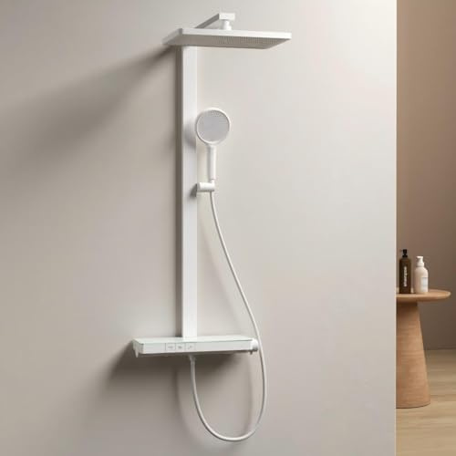 EMKE Duschsystem mit Thermostat, 36 x 24 cm Regendusche Set, Weiß Matt | 40cm Ablage, 3 Strahlarten, Handbrause 4 Strahlarten, Höhenverstellbar Komplettset, Regendusche mit armatur, für Badezimmer