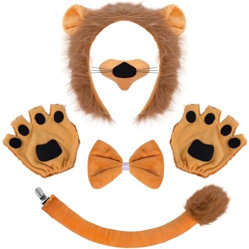 6 Pcs Lion Costume Accessory Kit, Animal Ears Headband Animal Costume Set Lion Ears Plush Headband Tail Nose Bow Tie and Gloves Costume Kit for Adult Kids Halloween Birthday Carnival Cosplay