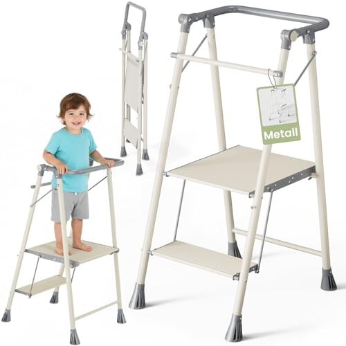 DEANIC Torre di apprendimento pieghevole per bambini a partire da 1 anno - Scaletta salvaspazio pieghevole a 2 gradini, Torre di apprendimento Montessori con gambe antiscivolo, Tower, grigio