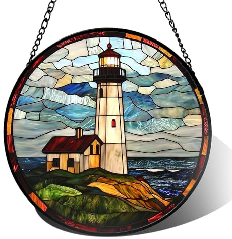 Lighthouse Suncatchers for Windows, Stained Glass Panels with Metal Chain, Suncatcher for Living Room & Garden Decor, Multicolor Reflective Window Hangings Gift