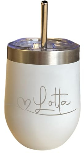 Weinbecher To Go mit Name | Personalisierter Thermobecher mit Gravur | 350ml Trinkbecher für heiß & kalt (Variation 3, Weiß & Silber)