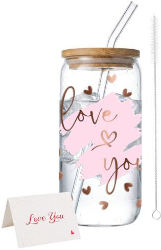 Bliceon 16oz Iced Coffee Cup, Iced Coffee Glass Cups with Lids and Straws, Birthday Gifts for Women, Girlfriend, Wife, Birthday, Anniversary, Friend (Rose Gold)