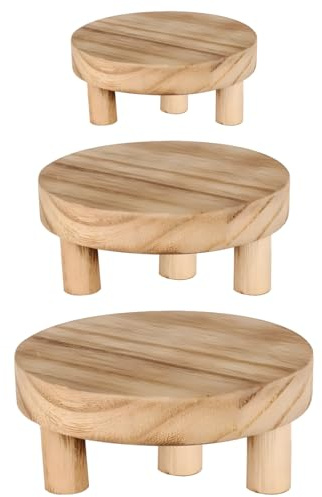Packool Round Wood Plant Stand, 5/6/8 in Display Wooden Risers For Table Display, Rustic Farmhouse Decor, Coffee Cup Stands, Succulent Plant Pot Tray, 3-Tier Wood Risers For Decor Set