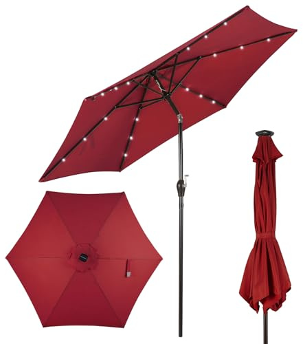 COSTWAY Parasoll 270 cm med LED-solbelysning, trädgårdsparaply med vev, böjbar på båda sidor 30°, terrassskärm med 6 ribbor, marknadsparaply för trädgård, balkong, terrass (röd)