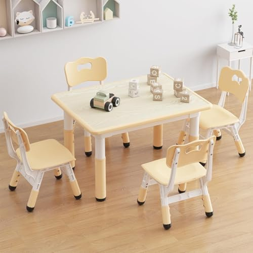 Kindertisch Packung mit 4 Stühlen, Plastik Kindersitzgruppe Höhenverstellbarer, Multifunktionaler Spieltisch Stabil für Kinder, Ergonomisch Tisch Stuhl Set für Kinderzimmer, 80x60x48-60cm, Gelb