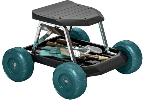 Outsunny Siège de Jardin sur Roues Tabouret de Jardinage Plateau à Outils Chariot Jardinage avec siège pour désherber, Planter, 50 x 49 x 32 cm Vert foncé