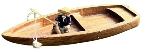 Aboiled Mini Floating Wooden Boat Handmade Fisherman Cat Fishing Boat Fish Tank Pond Decoration Aquarium Accessories Model