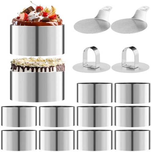 16 Teiliges Dessertringe inklusive 12 Tortenring (8 CM Durchmesser) 2 Unterteilen und 2 Deckeln, Formenset aus Edelstahl, Servierringe eignen sich für Mousse, Kuchen, Desserts und Gebäckmodellage
