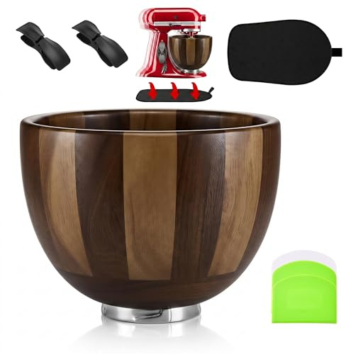 Premium Holz Rührschüssel kompatibel mit KitchenAid 4,5-5 Quart | Küchenmaschinen (Kippbarer Motorkopf), Massivholz Ersatzschüssel inkl. 6-Teiliges Zubehör-Set (Zweifarbiges Akazienholz)