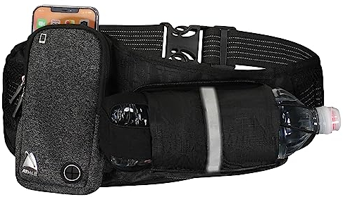 Athlé Running Belt Renngürtel - horizontale Tasche für Trinkflasche, große Tasche, Bananentasche für die meisten Handys & Geldbörsen, einstellbare Größe, Schlüsselanhänger, Reflektor 360 ° - Schwarz