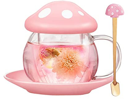 Mushroom Tea Cup Set, Cute Glass Tea Cups and Saucers, Kawaii Tea Cup with Infuser for Loose Leaf Tea Steeper, Coffee Mug Christmas Gifts for Women,Tea Infuser Mug with Lid for Mother Girls (Pink)