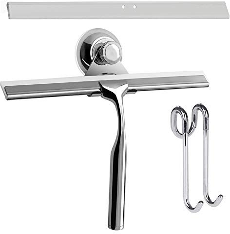 Zindoo Tergivetro per Doccia in Acciaio Inox, Lavavetri per Cabina Doccia, Spatola Doccia e Asciuga Vetri Doccia (2 Ganci a Parete autoadesivi + 1 Striscia di Gomma)