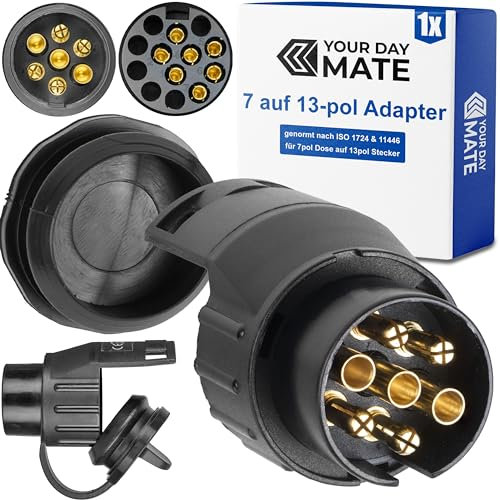 7 auf 13-pol Adapter Stecker, Set mit Parking Cover, Steckverbindung 13 Pol Anhänger Stecker zu 7 Pol Auto Steckdose, 7-13 Pin Adapter nach ISO 1724 und 11446 genormt, AHK Verbinder für 12 V Systeme