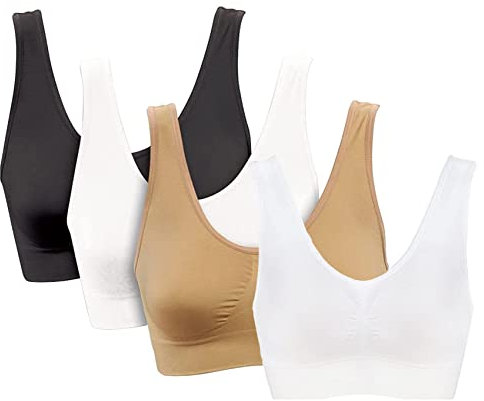 PBE 4 Pack Super Comfort Bra, Thick Double Material Women's Sleep Bras, Sports Bra, Premium Quality, Seamless, No Wires! - 4 Pack Black/White/Nude/White - Large