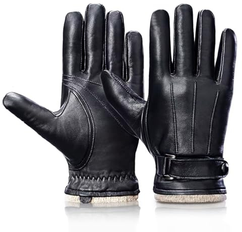 Guantes de piel de oveja de invierno para hombre de Grdnpro, guantes de vestir para conducir en motocicleta con forro térmico de cachemira, aptos para pantalla táctil, Negro, S