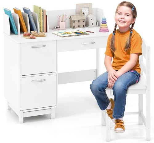 COSTWAY Juego de Escritorio y Silla para Niños, Mesa Educativa Infantil, Cajón y Armarios, Escritorio para Dormitorio y Sala de Estudio, Ideal para Niños y Niñas (Blanco)