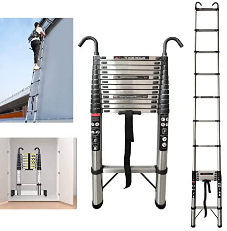 Escalera Extensible Telescópica con Gancho, 5 Metros(12 peldaños) Escaleras de Acero de extensión, Azotea RV Ático Casa Interior Exterior, Carga 150kg Escalera Telescópica