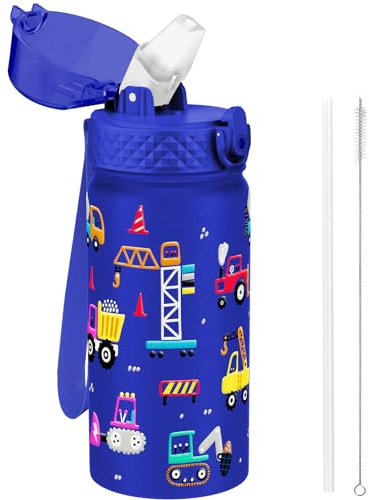 GOPPUS 420ml/14oz Kids Insulated Water Bottle with Straw Cute Double Wall Stainless Steel Child's Small Flask Vacuum Insulated Steel Metal Leak Proof Drink Flask Boys Toddler Girls Bottles BPA-Free