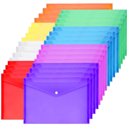 Kinmsito 32 Stück Dokumententasche A4, Dokumentenmappe A4, 8 Farben | Zum Abheften, Tasche Mit Druckknopf, Transparent Sichttasche A4, Wasserdicht Sammelmappe for Dokumente Organisieren