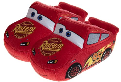 Disney Pixar Cars Slippers Kids Boys PJ House Sandals - Lightning McQueen Pajama Warm Slipper Shoe - Red 3D Car Plush (size 9-10 Toddler)