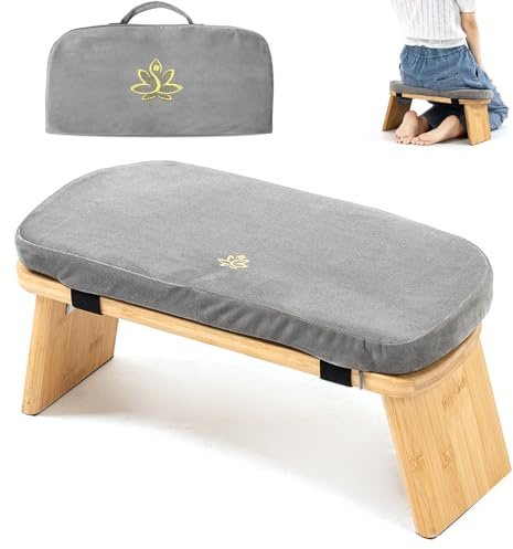 Estleys Meditation Bench, Bamboo Meditation Stool, Folding Kneeling Meditation Bench, Seiza Prayer Bench, Prayer Bench with Meditation Cushion, Kneeling Stool (Grey & Bag)