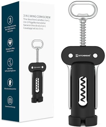 KITCHENDAO Cavatappi 3 in 1 con tagliacapsule, apribottiglie per birra integrato, apribottiglie multifunzione con vite affilata antiaderente, facile da usare, cavatappi manuale, nero