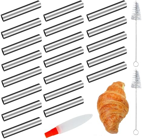 20 Stück Schaumrollenformen klein, Edelstahl Cannoli Backform Set mit Reinigungsbürst Antihaft Gerade Cannoli Röhrchen für Creme Rollen Sahnehorn Croissant Hörnchen (12.5 x 2cm)