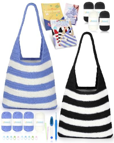 Katech Häkelset/Strickset für Gestreifte Tasche, Häkelnadel Set mit Anleitung & Video-Tutorial, Häkelzubehör Baumwolle zum Häkeln, Stricken Anfänger Set, Häkelset für Anfänger (Blau und Schwarz)