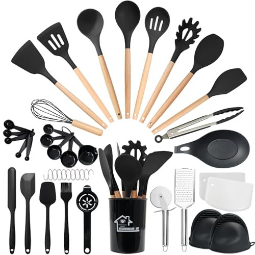 Bestdin Cooking Utensils Set - 43 PCS Silicone Kitchen Utensils Set with Wooden Handle, Nonstick Cookware Tongs Spatula Spoon Set, Heat Resistant Silicone Utensil Set, Black Kitchen Accessories