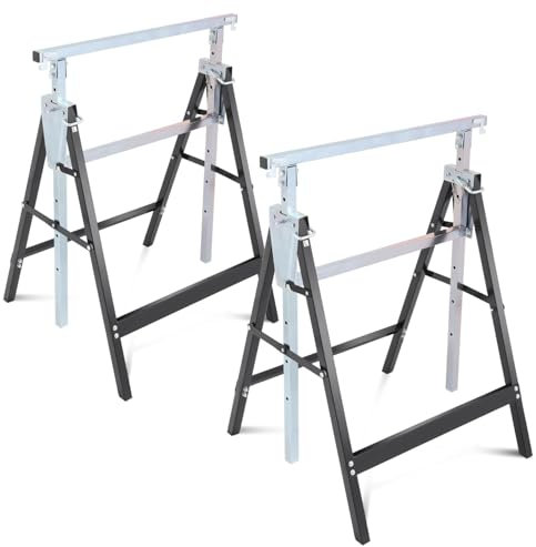 Auto Dynasty 2 Pack Saw Stand Sawhorse with Adjustable 7-Level Quick-Build Foldable Heavy Duty Miter Saw Horse Stand Max Capacity 440lbs, Black/Chrome